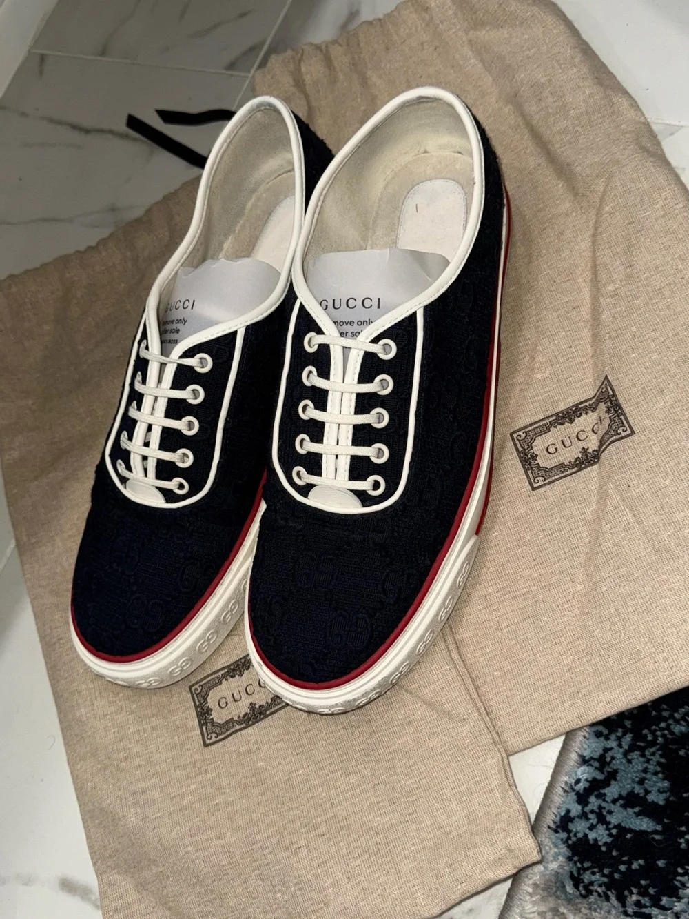 Gucci Black GG Canvas Low-Top Sneakers with White Trim and Red Stripe